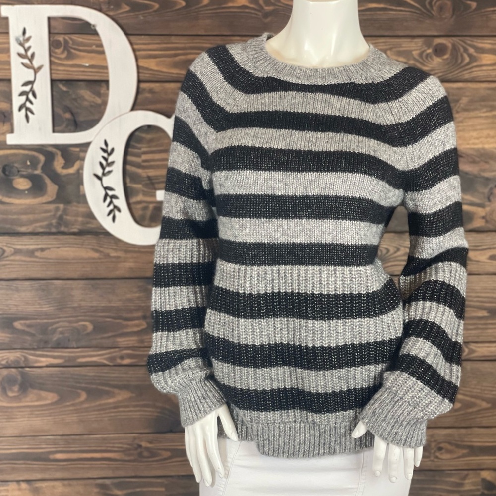 Banana Republic | Crew Neck Stripe Wool Blend Sweater Braided Cable Knit Chunky